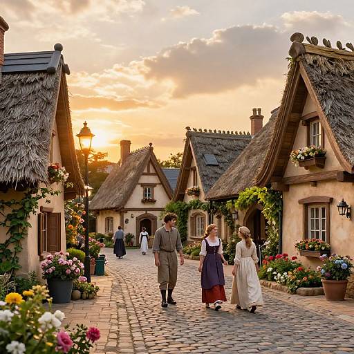 Photograph of a charming, cobblestone village at sunset with thatched-roof cottages, vibrant flower pots, and a couple walking hand-in