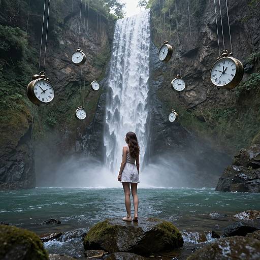 Photograph: A woman with long brown hair in a white dress stands by a waterfall, surrounded by hanging clocks, in a lush, rocky canyon.
