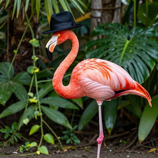 Photograph of a vibrant pink flamingo with white feathers, wearing a black fedora hat, standing on one leg in a lush, green tropical background