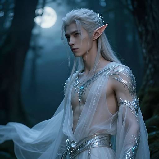 CGI fantasy image of a slender, pale-skinned elf with long white hair, pointed ears, and silver armor, standing in a moonlit forest