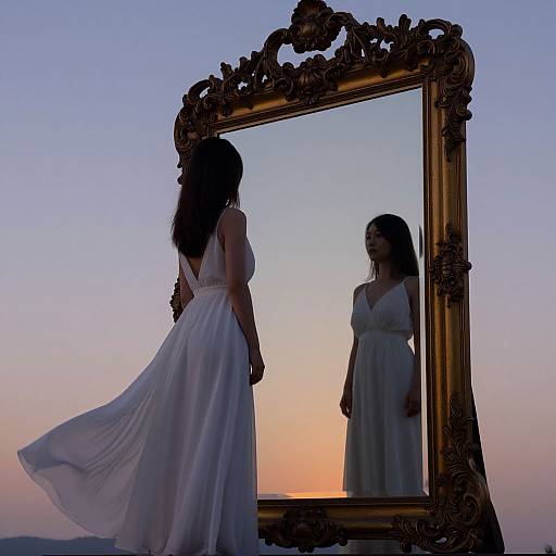 Silhouette of a woman in a flowing white dress standing before an ornate, gold-framed mirror at sunset, reflecting her image.