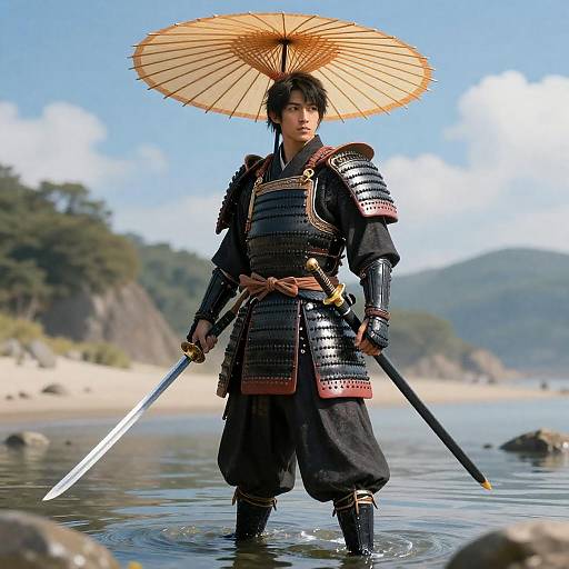 Samurai in Black Armor by Water