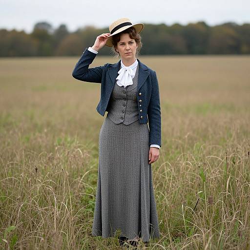 Photograph of a Victorian-era woman in a grey dress, white collar, navy jacket, and straw hat, standing in a grassy field.