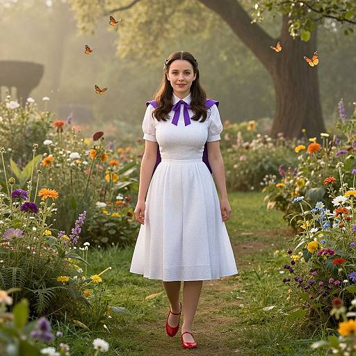 Photograph of a woman with long brown hair, wearing a white dress with purple ribbon, red shoes, walking through a vibrant, sunlit garden with