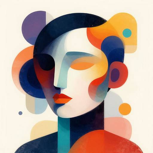 Abstract digital artwork of a face with bold, geometric patterns in vibrant colors—black, white, red, orange, and blue—against a white background