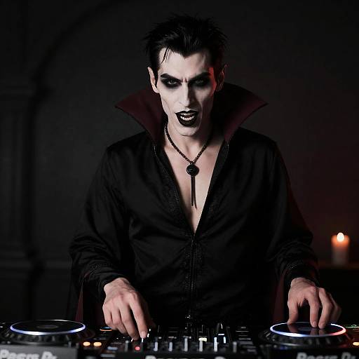 Photograph of a gothic vampire DJ with pale skin, black makeup, and dark clothing, manipulating DJ equipment in a dimly lit room with a