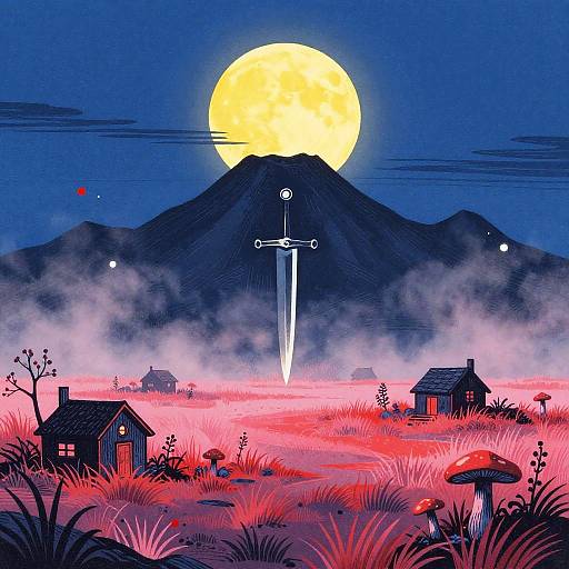 Surreal Fantasy Volcano Linocut