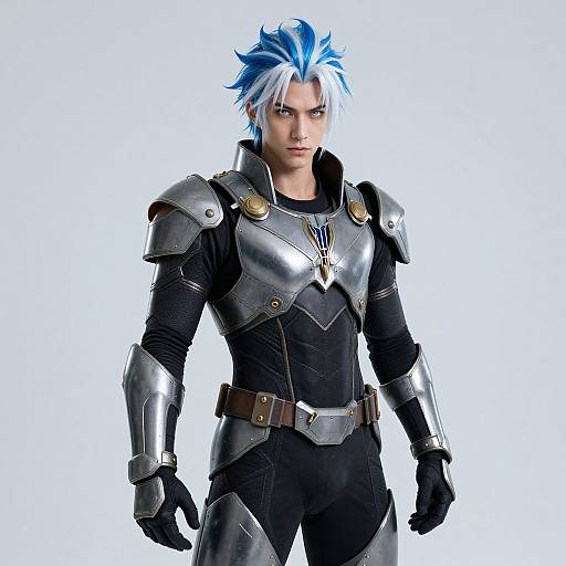 Photorealistic CGI of a handsome man with blue spiky hair, wearing silver armor over black clothing, with intense expression, white background.