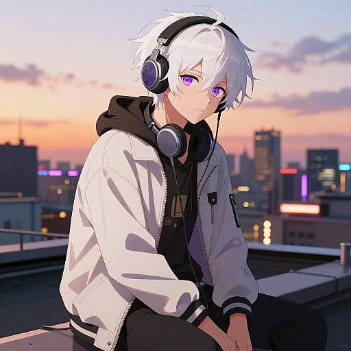 Anime-style digital illustration of a white-haired, purple-eyed boy with headphones, wearing a white jacket and black hoodie, sitting on a rooftop at sunset,
