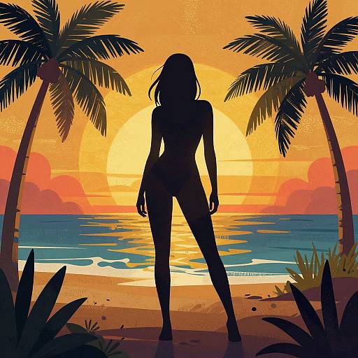 Silhouetted woman standing on tropical beach at sunset, flanked by palm trees, with vibrant orange and yellow sky. Digital illustration.