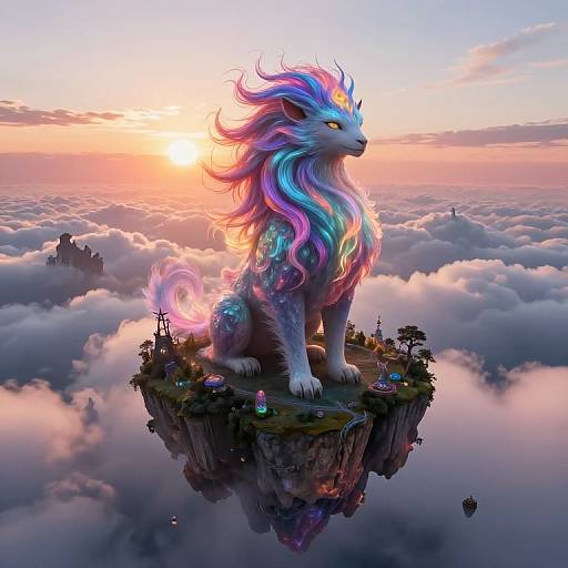 Digital artwork of a majestic, multicolored, ethereal wolf with glowing eyes, standing on a floating island at sunset, surrounded by fluffy clouds.