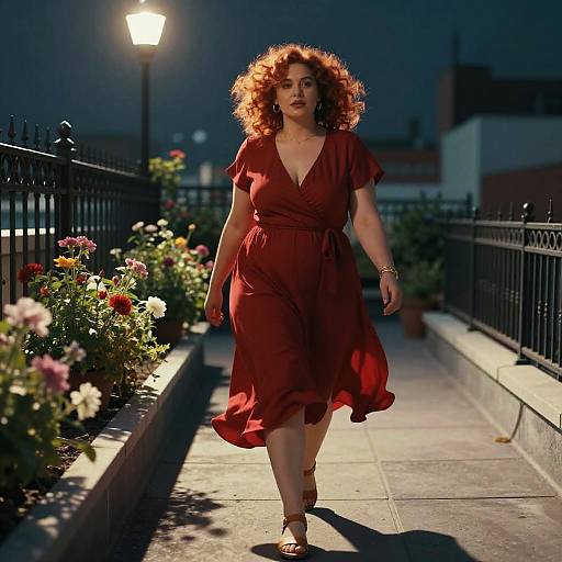 Photograph of a curly red-haired woman with pale skin in a red dress walking at night on a flower-lined sidewalk, illuminated by a streetlamp.
