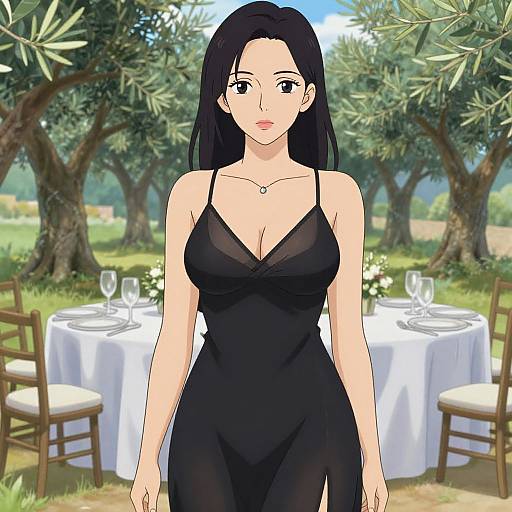 Anime-style digital drawing of a black-haired woman in a black, low-cut dress standing in an olive grove with outdoor dining tables.