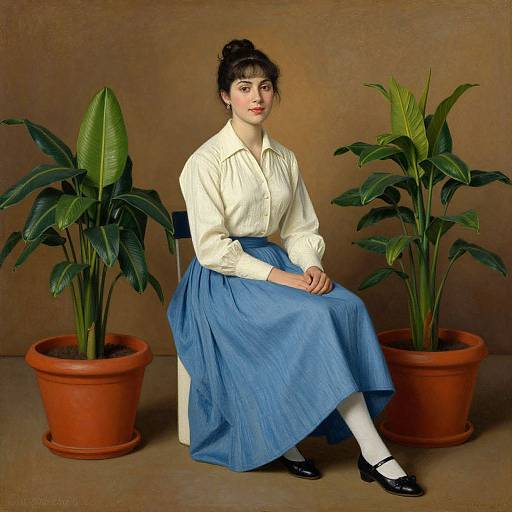 Photograph of a fair-skinned woman with dark hair in an updo, wearing a cream blouse, blue skirt, white stockings, and black shoes