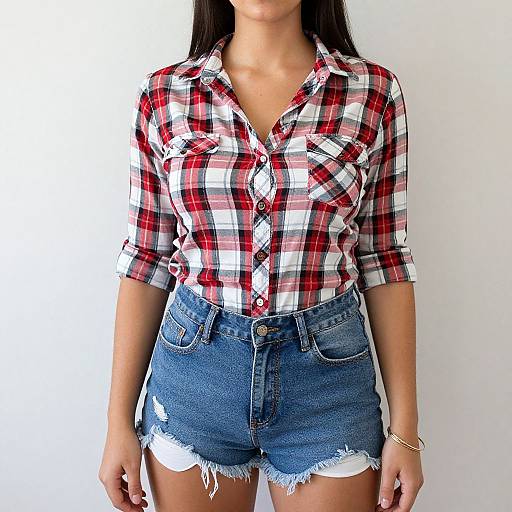 Photograph of a woman with long dark hair, wearing a red, white, and black plaid shirt with buttons, and frayed denim shorts,