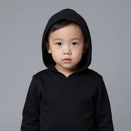 Photograph of an Asian toddler with fair skin, black hooded sweatshirt, and short black hair, standing against a plain gray background.