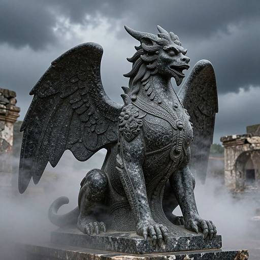 Photograph of a detailed, dark gray, stone dragon statue with intricate armor and wings, set against a cloudy, misty background.