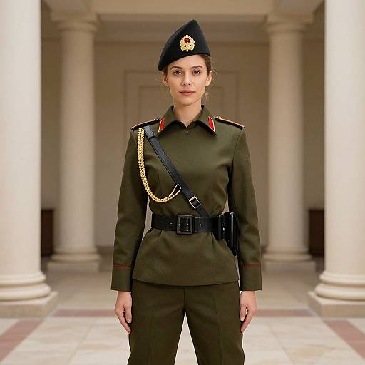 Photograph of a young woman in a military uniform, olive green with red accents, black beret, gold chain, and black strap, standing in