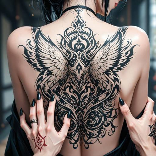 Intricate Black Tribal Back Tattoo with Wings