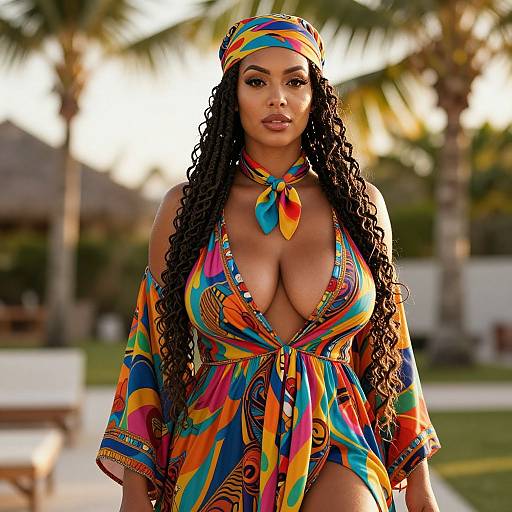 Photorealistic image of a curvy Black woman with long curly hair, wearing a colorful, patterned, deep V-neck dress and headscarf