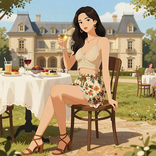 Woman in Boho Chic Outfit Enjoying Outdoor Brunch