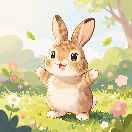 Cute digital illustration of a fluffy brown and white bunny with large ears, standing joyfully with arms raised in a sunlit, colorful meadow filled