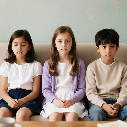 Three Children on a Beige Couch