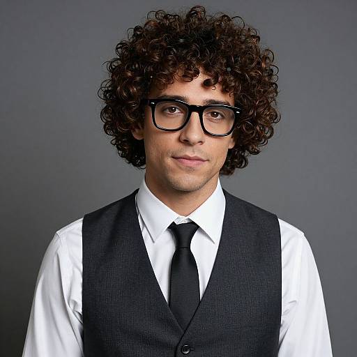 Photograph of a young man with curly dark hair, black-rimmed glasses, wearing a white shirt, black tie, and black vest, against