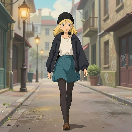 Blonde Anime Girl Walking on Vintage Urban Street