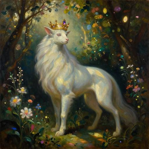 Digital fantasy painting of a white, regal, crowned wolf standing in a magical forest, surrounded by glowing flowers and enchanted lights.