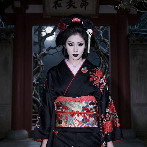 Photograph of an Asian woman in a black floral kimono, red obi, and ornate hairpiece, standing in front of a traditional Japanese