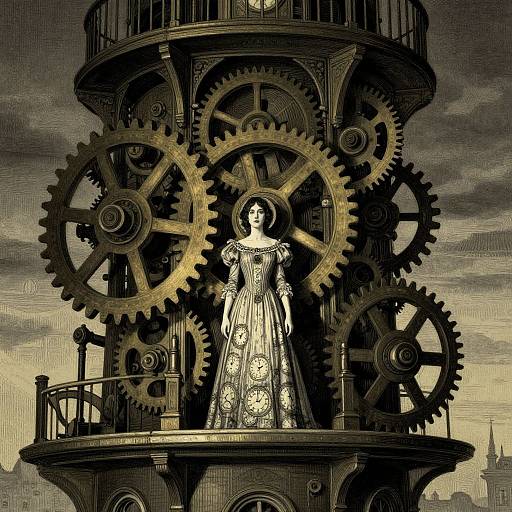 Steampunk illustration of a Victorian woman in an ornate dress, centered between large mechanical gears and clockwork tower, under a cloudy sky.