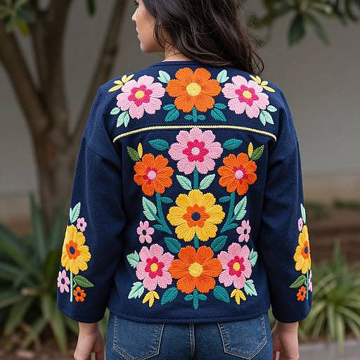 Photograph of a woman with long dark hair, facing away, wearing a dark blue sweater adorned with vibrant orange, pink, and yellow floral embroidery,