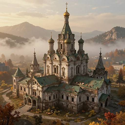 Photograph of an ornate, golden-domed Orthodox church with intricate architecture, set in a misty, autumnal valley with mountains and trees.