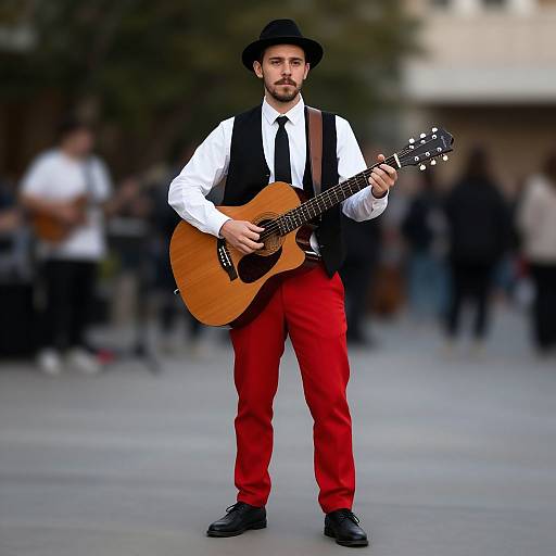 Photograph of a bearded man with dark hair, wearing a black hat, white shirt, black vest, red pants, playing an acoustic guitar outdoors
