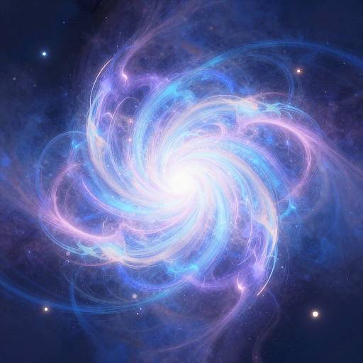 Digital artwork of a bright, glowing blue-white spiral galaxy with swirling light trails, set against a dark cosmic background with scattered stars.