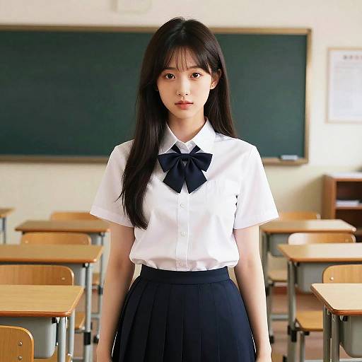 Photograph of an Asian woman in a Japanese school uniform with a white blouse, black bow, and pleated skirt, standing in a classroom with wooden