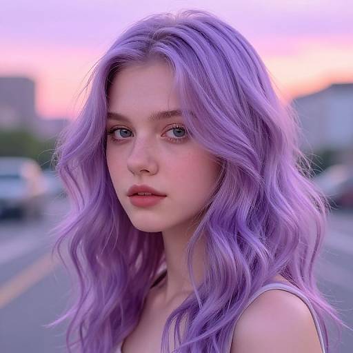 Photograph of a young woman with long, wavy, vibrant purple hair, fair skin, and blue eyes, standing on a street at sunset.