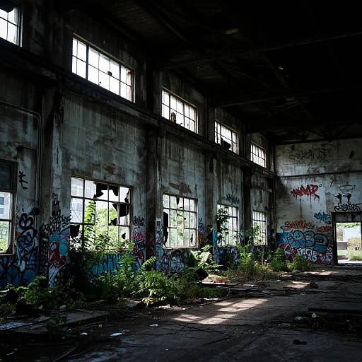 Abandoned, graffiti-covered industrial building with sunlight streaming through broken windows, overgrown plants on the floor, and dark, shadowy interior. Photograph.