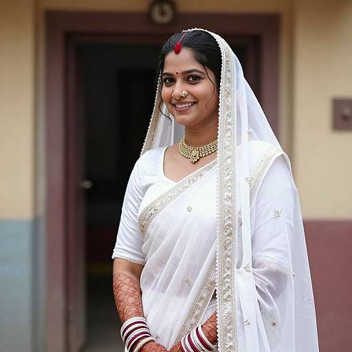 Photograph of a smiling Indian woman in a white embroidered sari and veil, gold jewelry, and red bindi, standing in front of a door