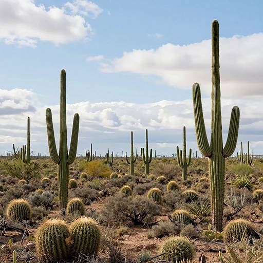 Photograph of a desert landscape featuring tall, green saguaro cacti with multiple arms, surrounded by smaller round cacti and dry shr