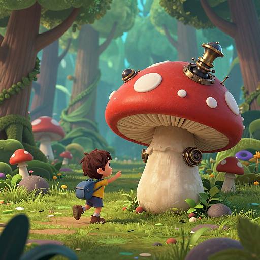 CGI image of a curious child in blue overalls touching a giant red-and-white-spotted mushroom with steampunk goggles in a vibrant, enchanted