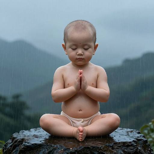 Photograph of a calm Asian baby with closed eyes, sitting cross-legged on a wet rock in a rainy mountain landscape, hands in prayer position.