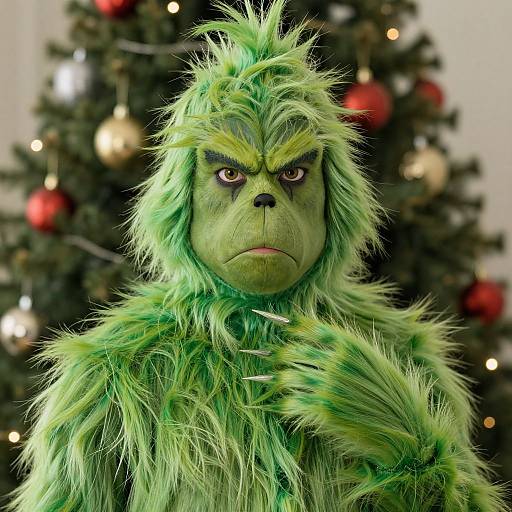 Photograph of a person in a green, furry Chewbacca costume with intense expression, standing in front of a decorated Christmas tree.