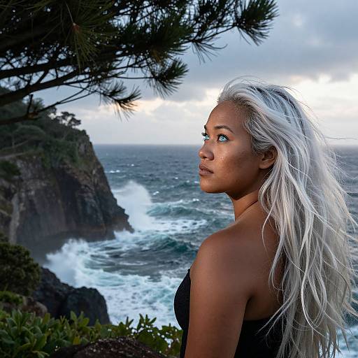 Photograph of a young woman with long, white hair, tan skin, and blue eyes, standing by a rocky ocean cliff, looking over her shoulder