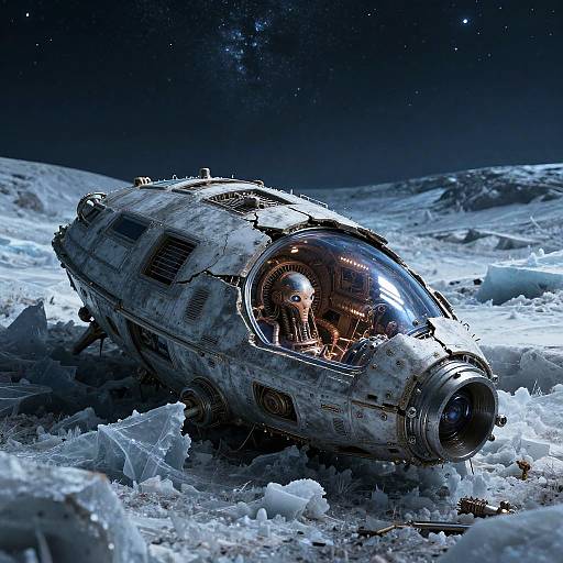 Photorealistic CGI of a damaged, snow-covered spacecraft with a lone astronaut in a helmet and reflective visor, stranded on a dark, icy moon