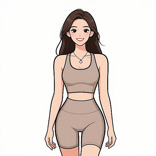 Digital anime-style drawing of a smiling young woman with long dark hair, wearing a beige sports bra and high-waisted shorts. White background.