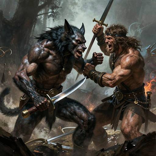 Frazetta-Style Werewolf Warrior Battle