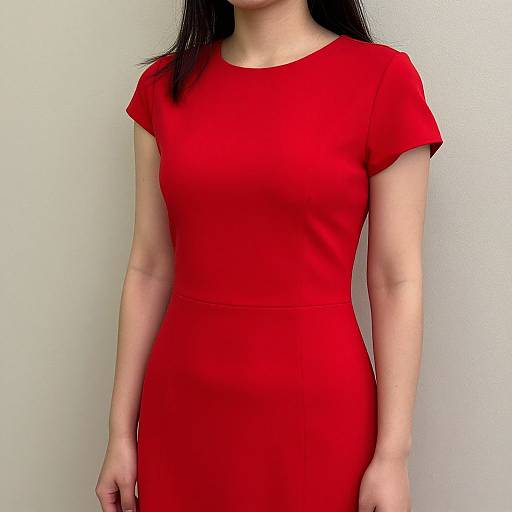 Photograph of an Asian woman with long black hair, wearing a form-fitting, short-sleeved red dress, standing against a plain white background