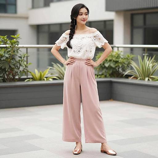 Photograph of an Asian woman with long black braid, white lace off-shoulder top, and pink high-waisted wide-legged pants,